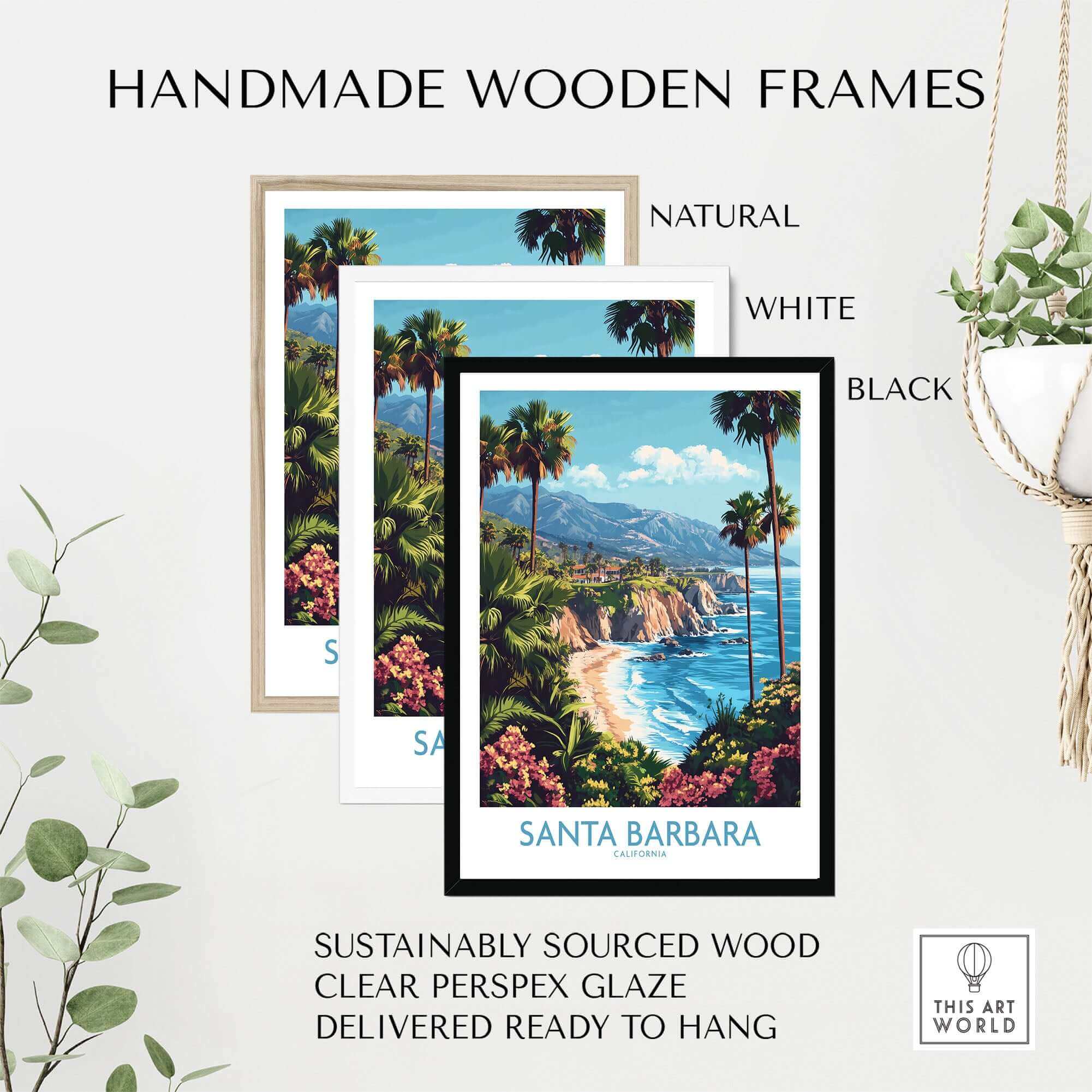 Handmade wooden frames in natural, white, and black for Santa Barbara Wall Art Poster California, featuring vibrant coastal scenery.