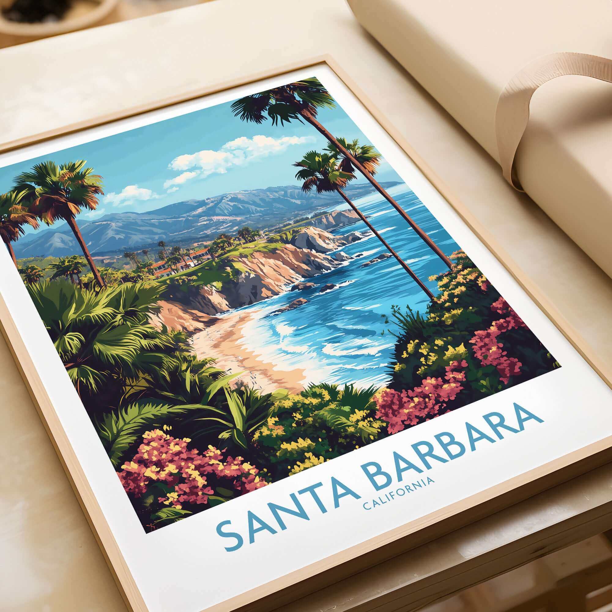 Santa Barbara Wall Art Poster California showcasing a vibrant coastal landscape with palm trees and mountains.