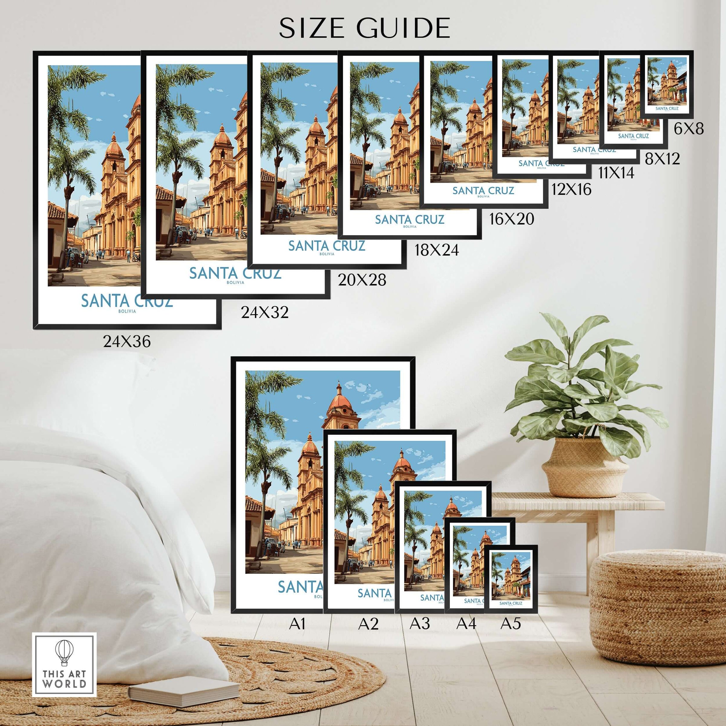 Santa Cruz Bolivia Art Print | Tropical City Poster size guide showcasing various print dimensions.