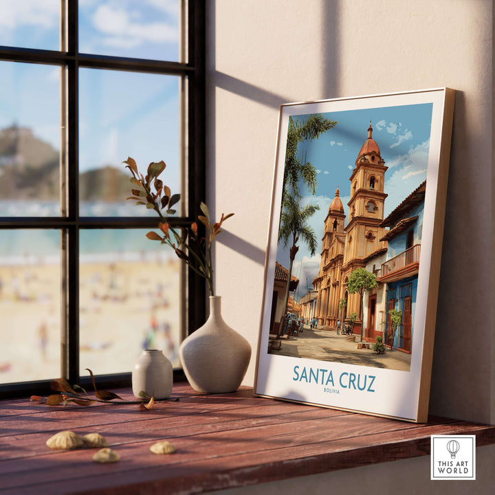 Santa Cruz Bolivia Art Print | Tropical City Poster displayed on a wooden table near a window.