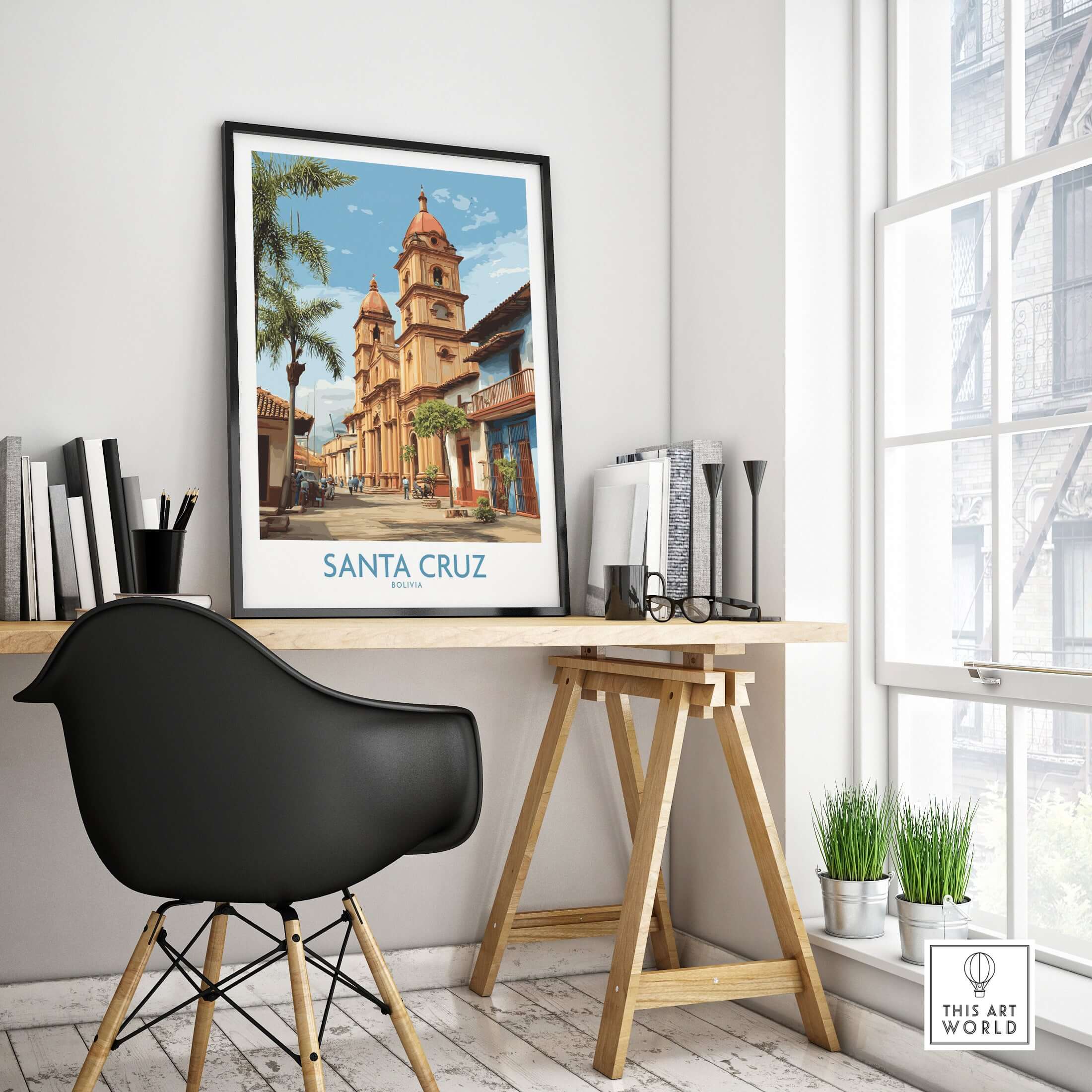 Santa Cruz Bolivia Art Print | Tropical City Poster displayed in a stylish home office with greenery and modern decor.
