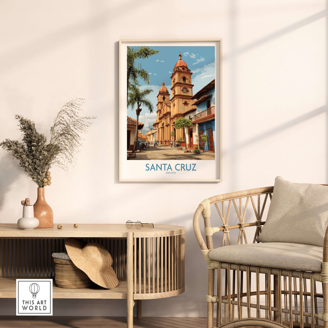 Santa Cruz Bolivia Art Print | Tropical City Poster showcasing vibrant architecture and lively street scene.