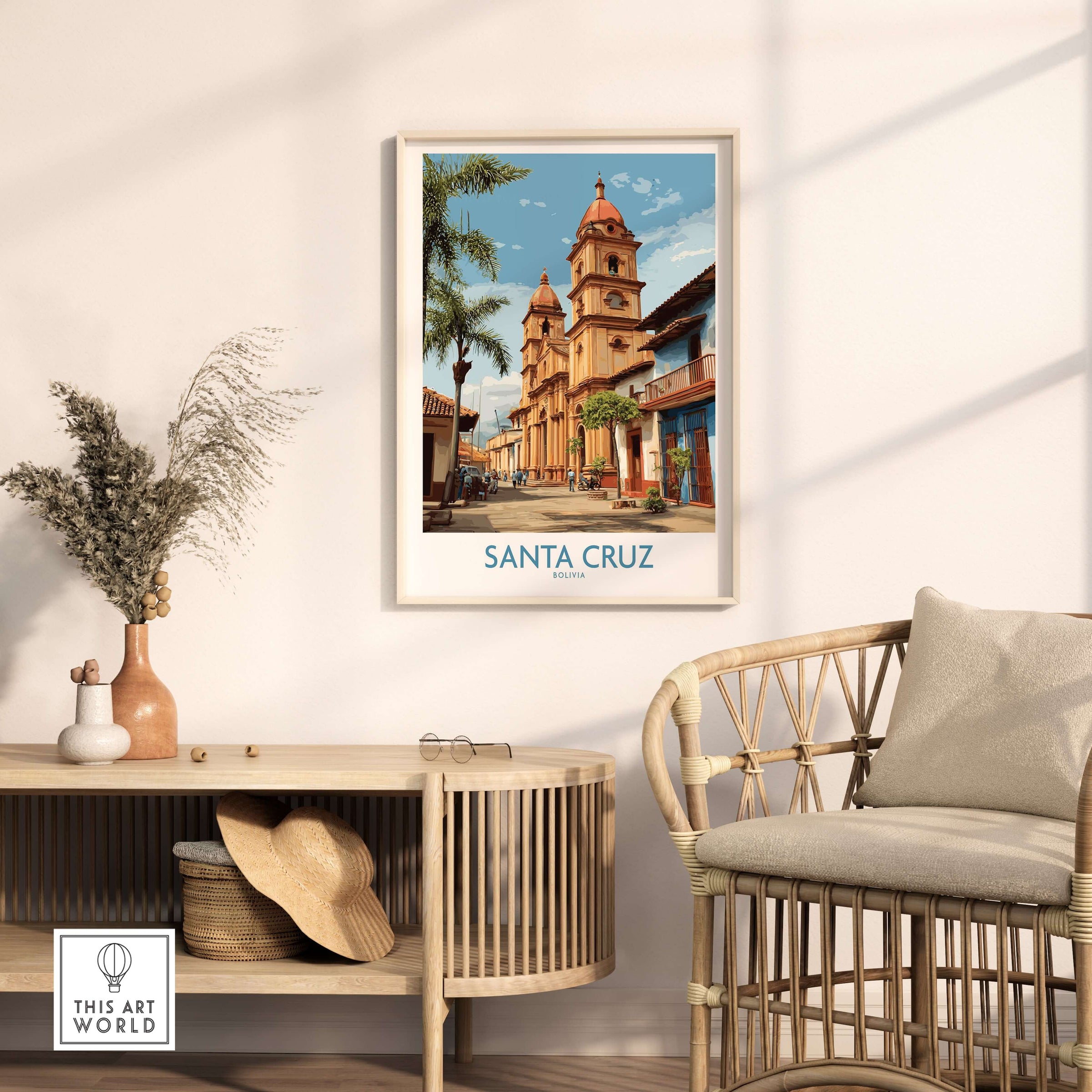Santa Cruz Bolivia Art Print | Tropical City Poster displayed in a stylish living room setting.