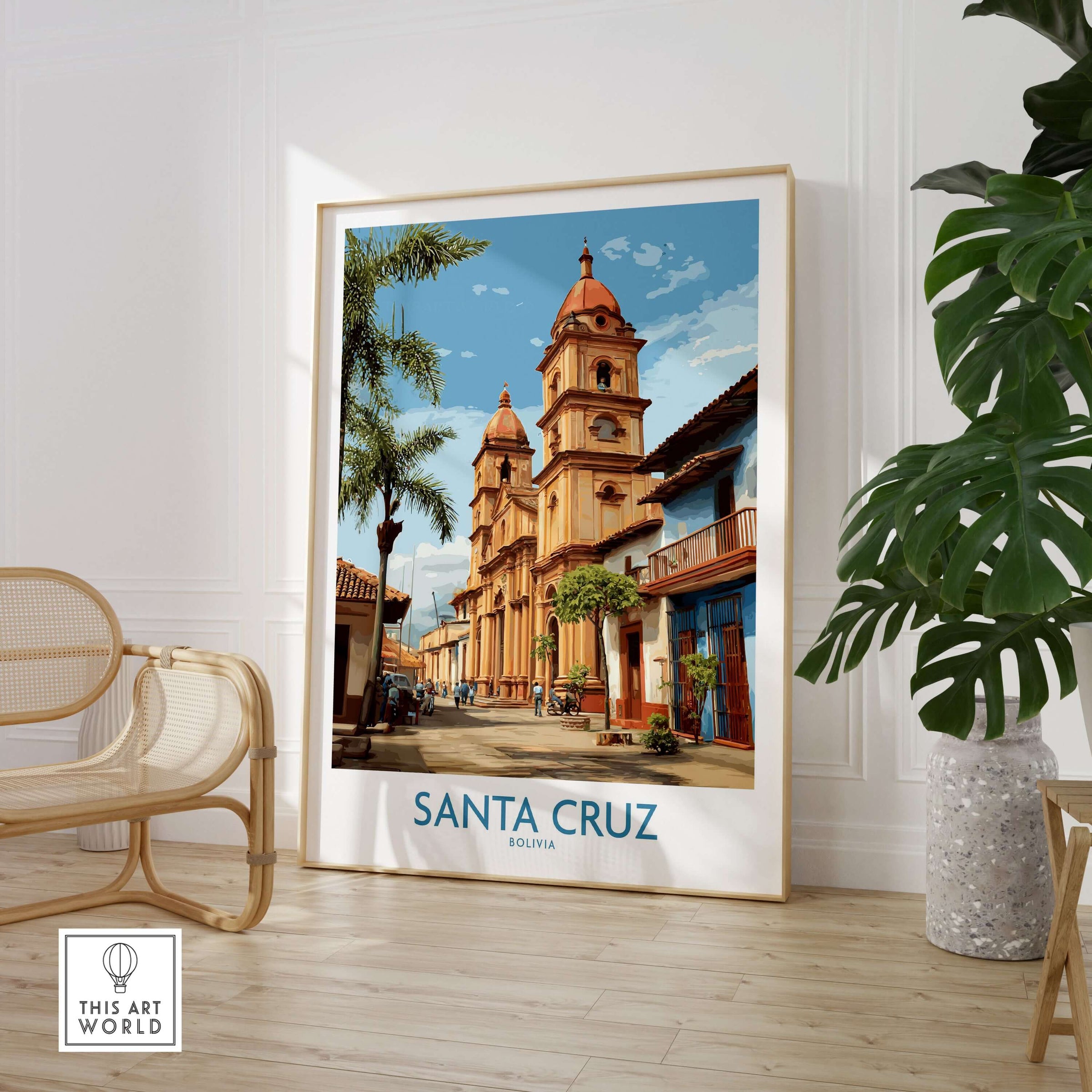 Santa Cruz Bolivia Art Print | Tropical City Poster featuring a vibrant urban scene with lush greenery and colorful architecture.
