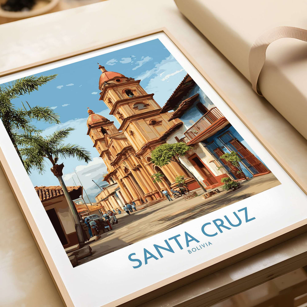 Santa Cruz Bolivia Art Print | Tropical City Poster featuring vibrant architecture and lush greenery in Santa Cruz, Bolivia.