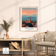 Santa Cruz Bolivia Poster | Cathedral Skyline Print displayed in a modern living room decor setting.