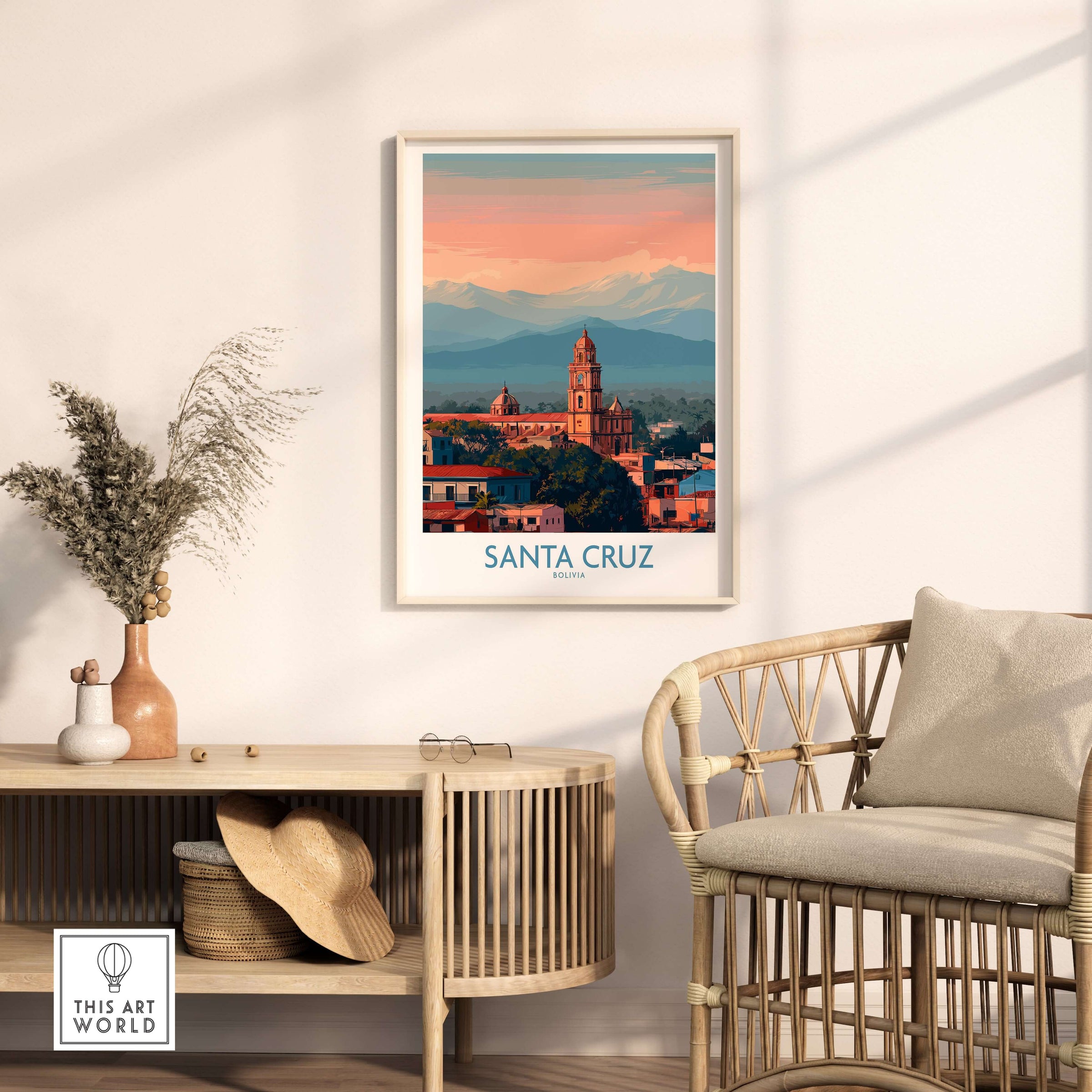 Santa Cruz Bolivia Poster | Cathedral Skyline Print displayed in a modern living room decor setting.