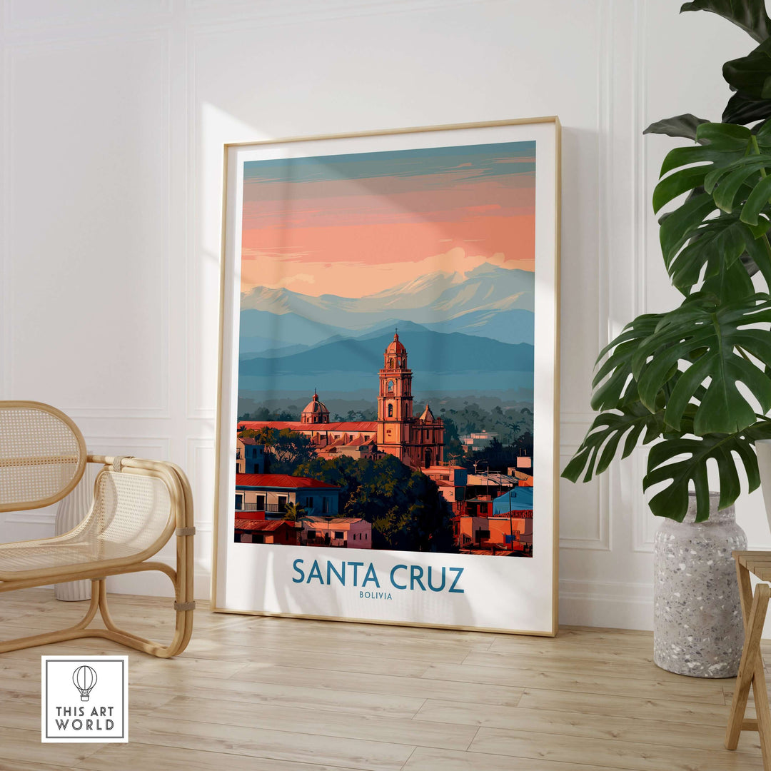 Santa Cruz Bolivia Poster | Cathedral Skyline Print showcasing the beautiful skyline of Santa Cruz in a stylish interior setting.