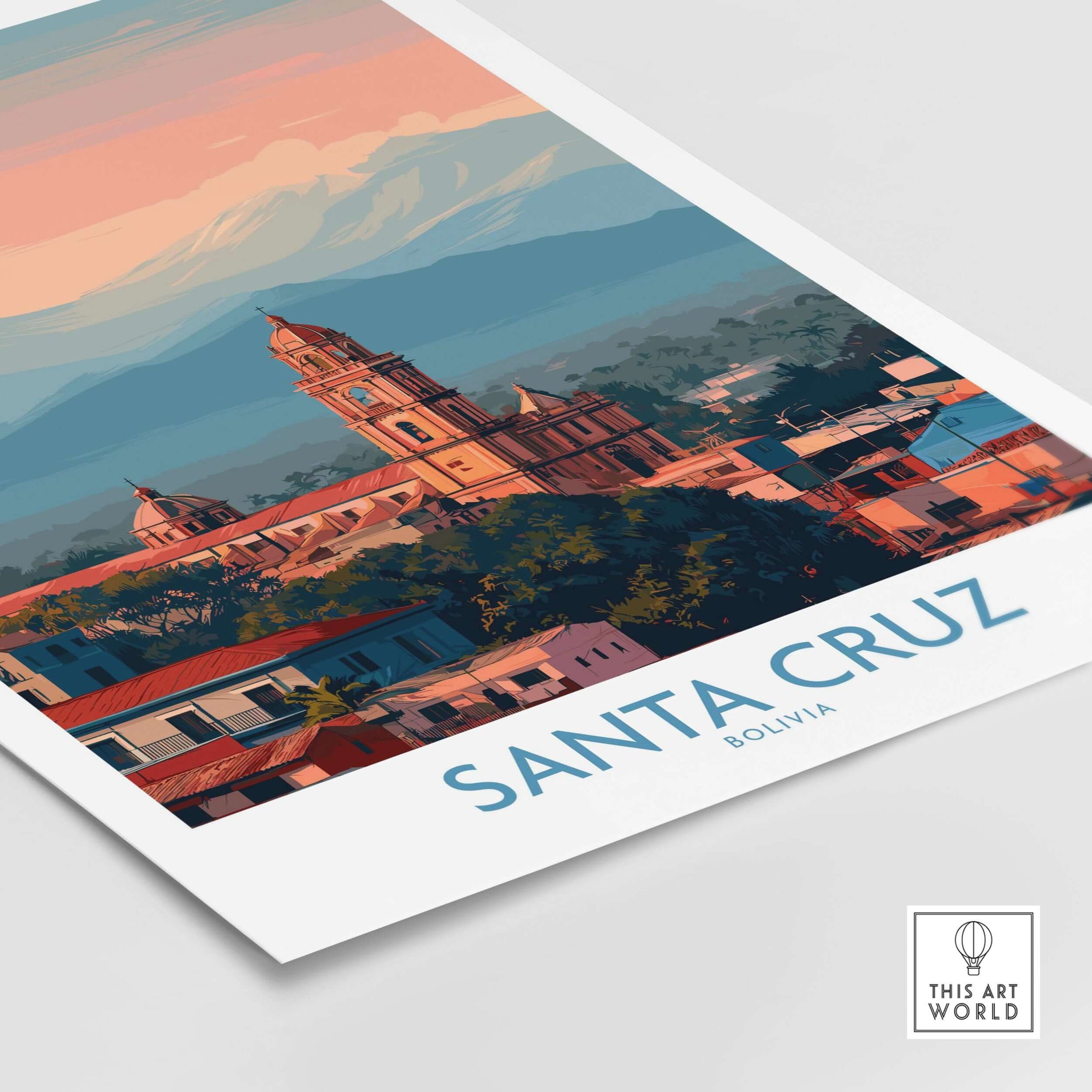 Santa Cruz Bolivia Poster | Cathedral Skyline Print featuring an elegant view of Santa Cruz, Bolivia with a sunset backdrop.