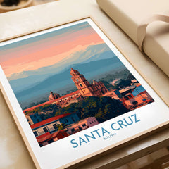 Santa Cruz Bolivia Poster | Cathedral Skyline Print showcasing the vibrant cityscape and mountains of Santa Cruz, Bolivia.