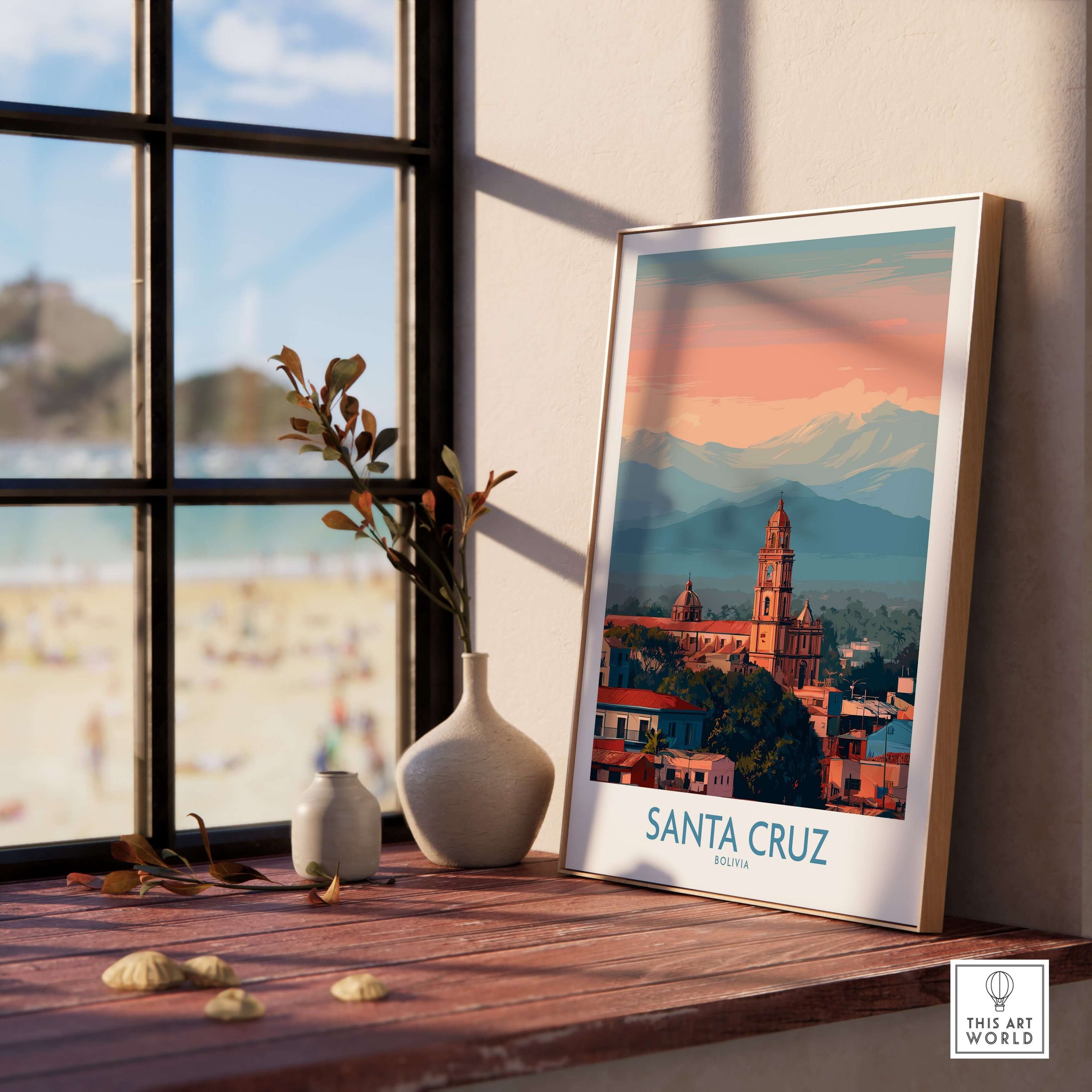 Santa Cruz Bolivia Poster | Cathedral Skyline Print displayed in a stylish interior with a view of the beach.