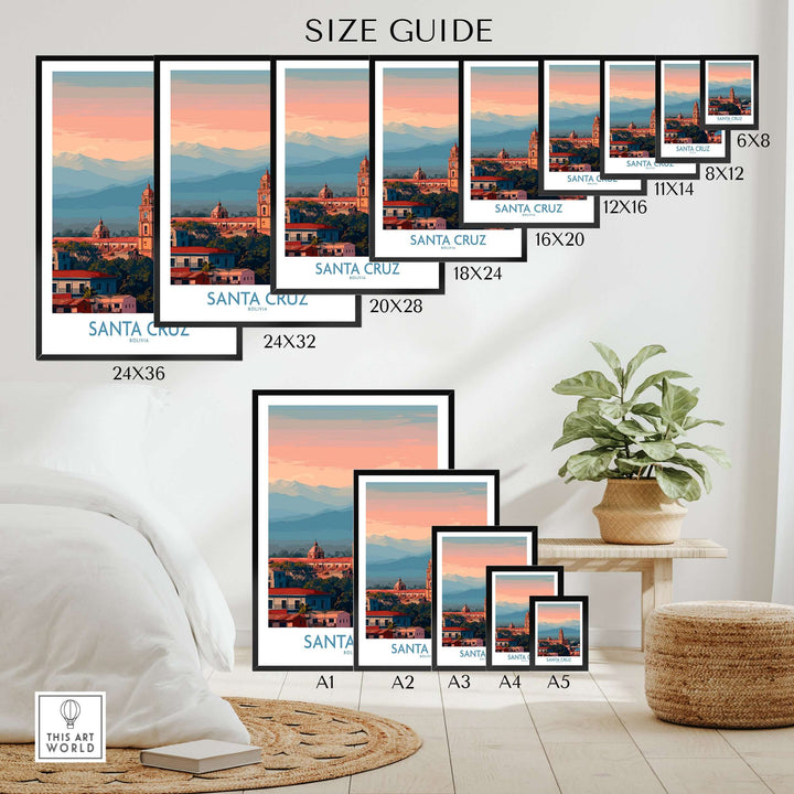 Santa Cruz Bolivia Poster | Cathedral Skyline Print size guide with various frame options in a stylish setting.