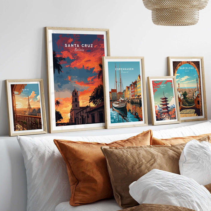 Santa Cruz South America Print | Bolivian City Wall Decor displayed among other travel art prints in a stylish home setting.