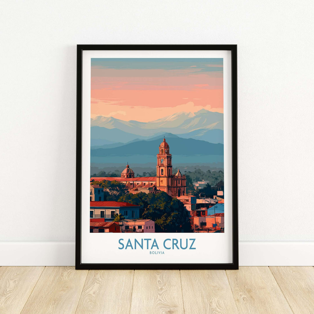 Santa Cruz Bolivia Poster | Cathedral Skyline Print featuring a scenic view of Santa Cruz and its majestic cathedral.