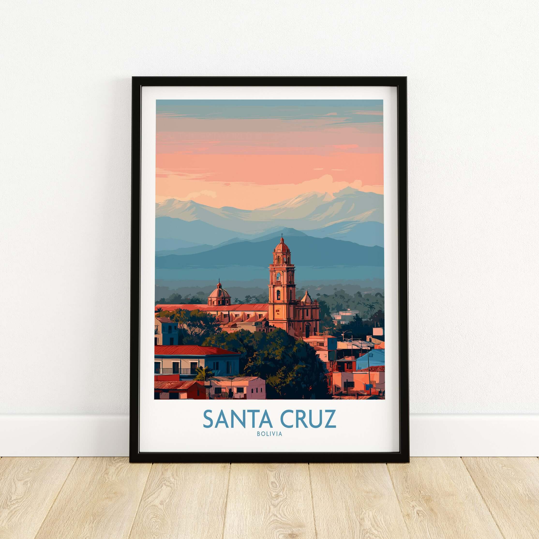 Santa Cruz Bolivia Poster | Cathedral Skyline Print featuring a colorful depiction of Santa Cruz's skyline.