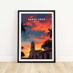 Santa Cruz South America Print | Bolivian City Wall Decor featuring a vibrant sunset and historical architecture.