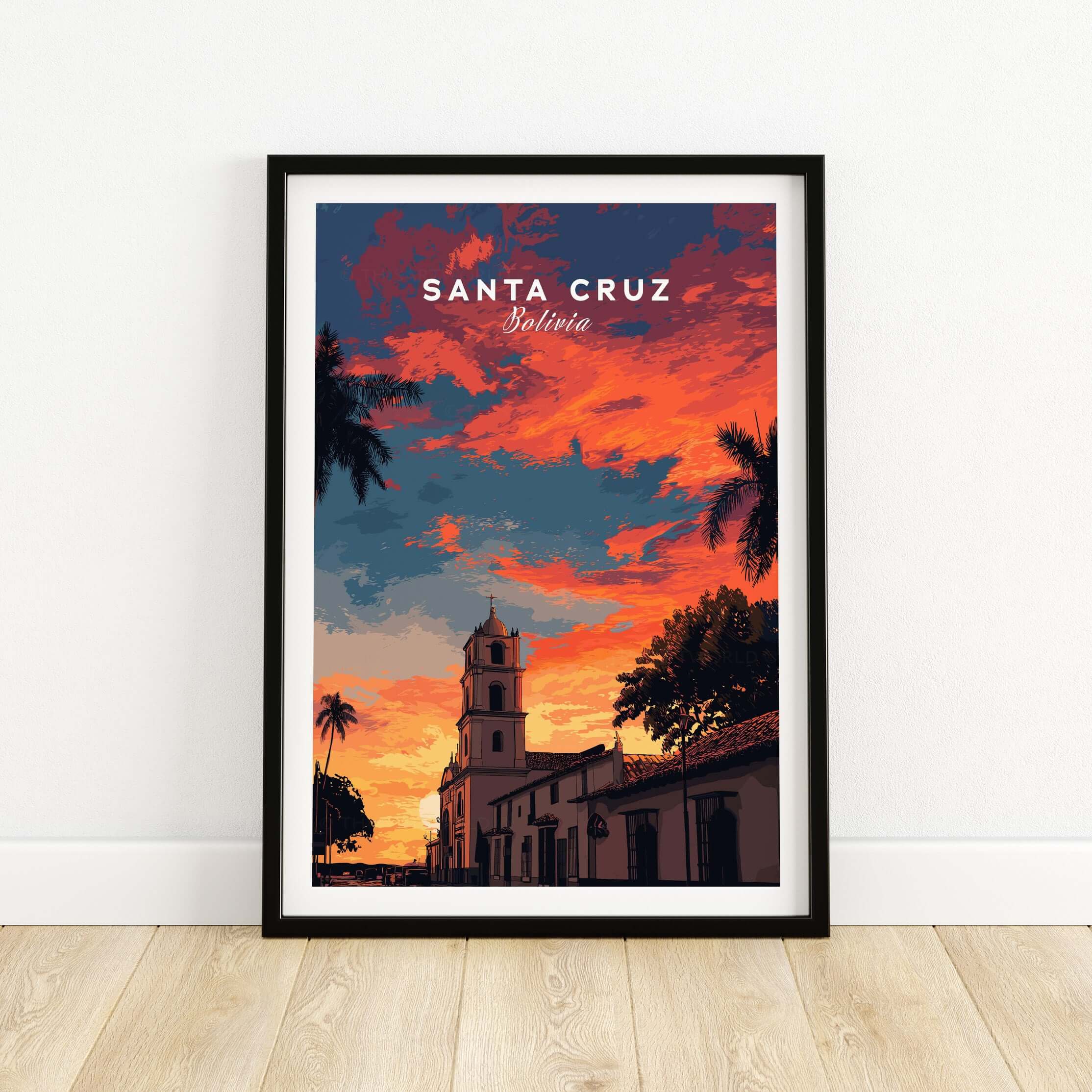Santa Cruz South America Print | Bolivian City Wall Decor featuring a vibrant sunset and historical architecture.