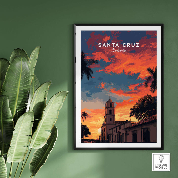 Santa Cruz South America Print | Bolivian City Wall Decor featuring vibrant sunset over architecture.