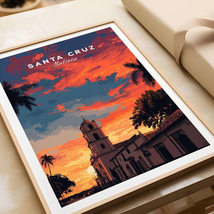 Santa Cruz South America Print | Bolivian City Wall Decor featuring a sunset over a Bolivian church illustration.
