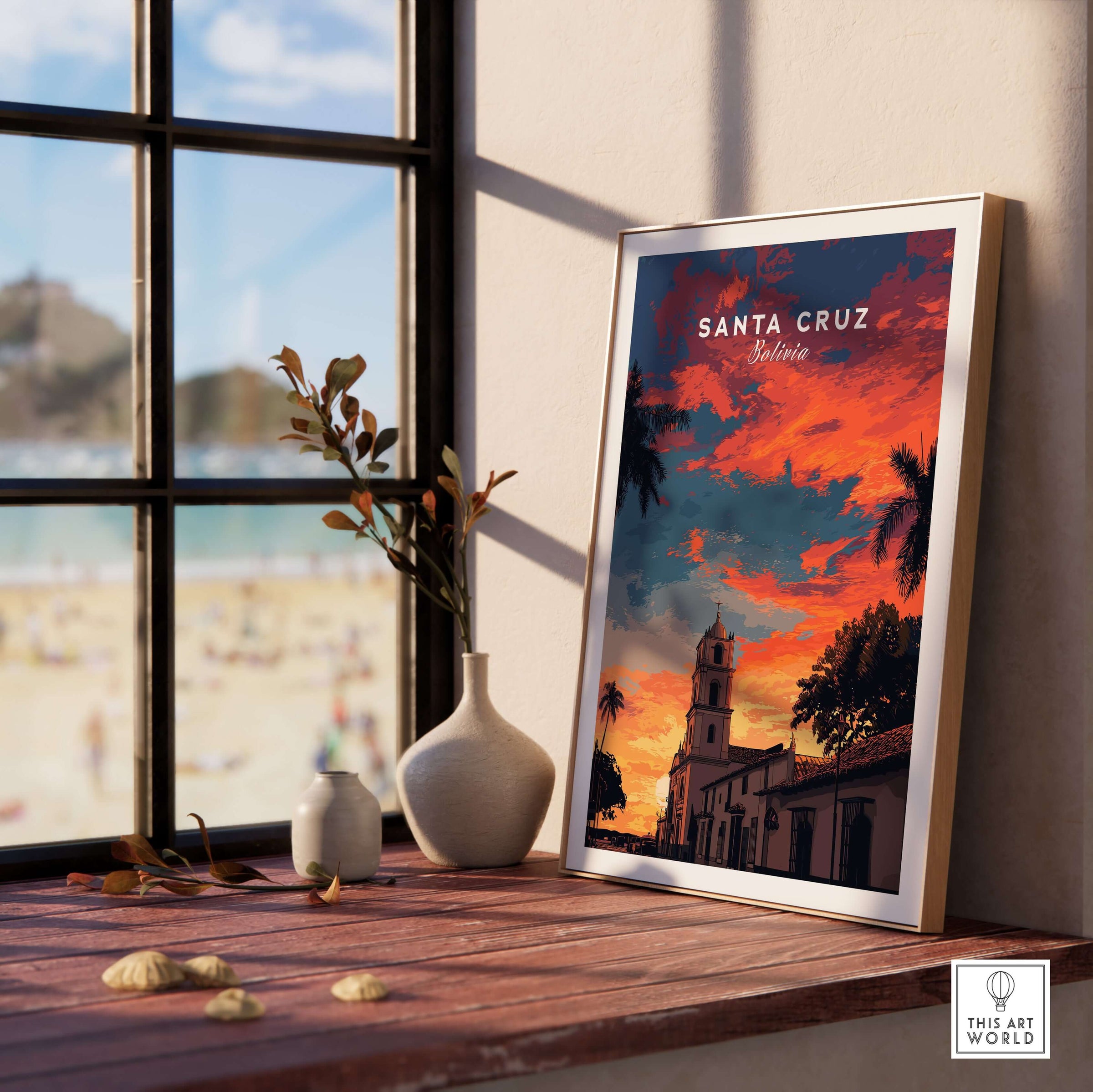 Santa Cruz South America Print | Bolivian City Wall Decor displayed on a wooden table near a window.
