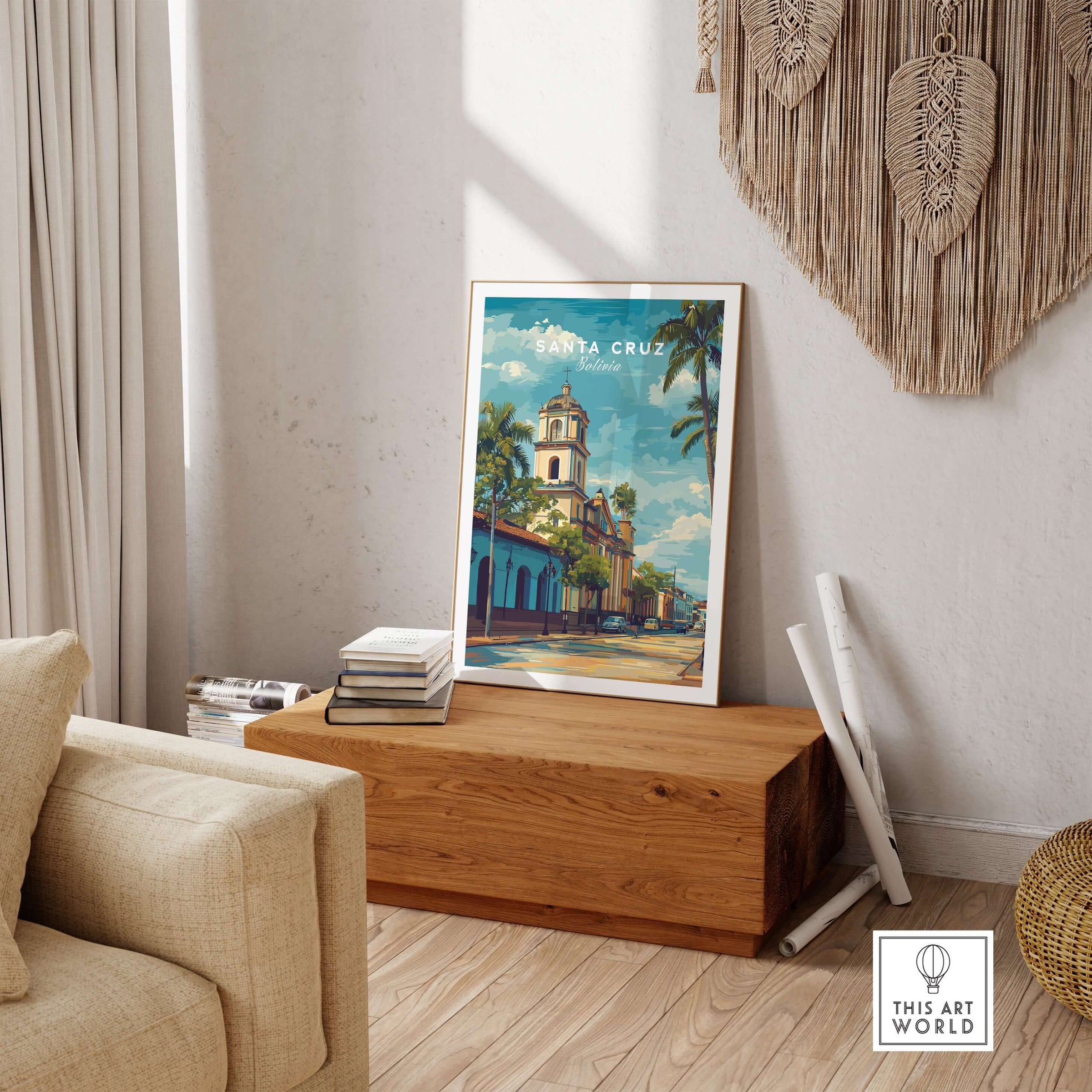 Santa Cruz Print | Bolivian Travel Wall Decor showcased in a stylish living room setting.