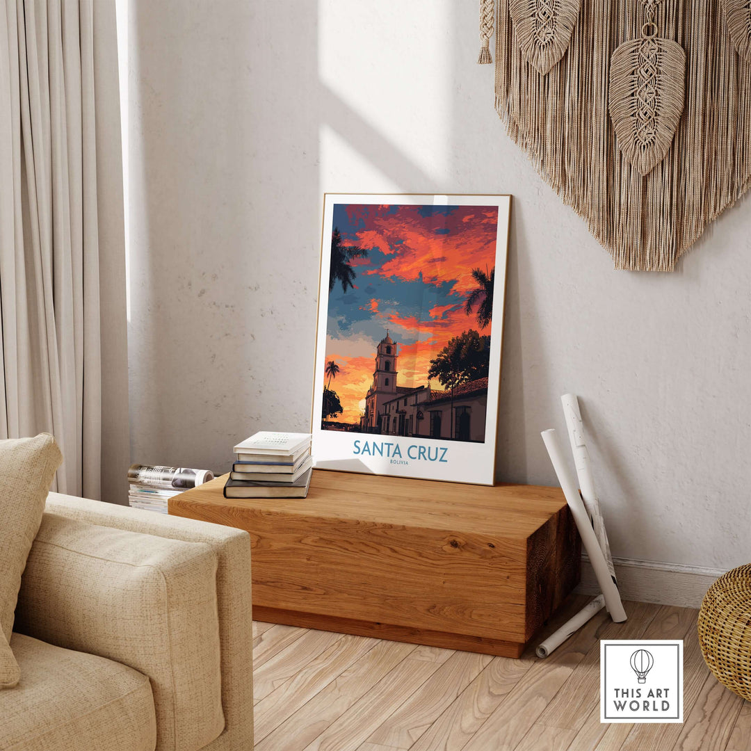 Santa Cruz Bolivia Sunset Art Print | Palm Trees Church Poster displayed in a cozy living space with warm sunset colors.