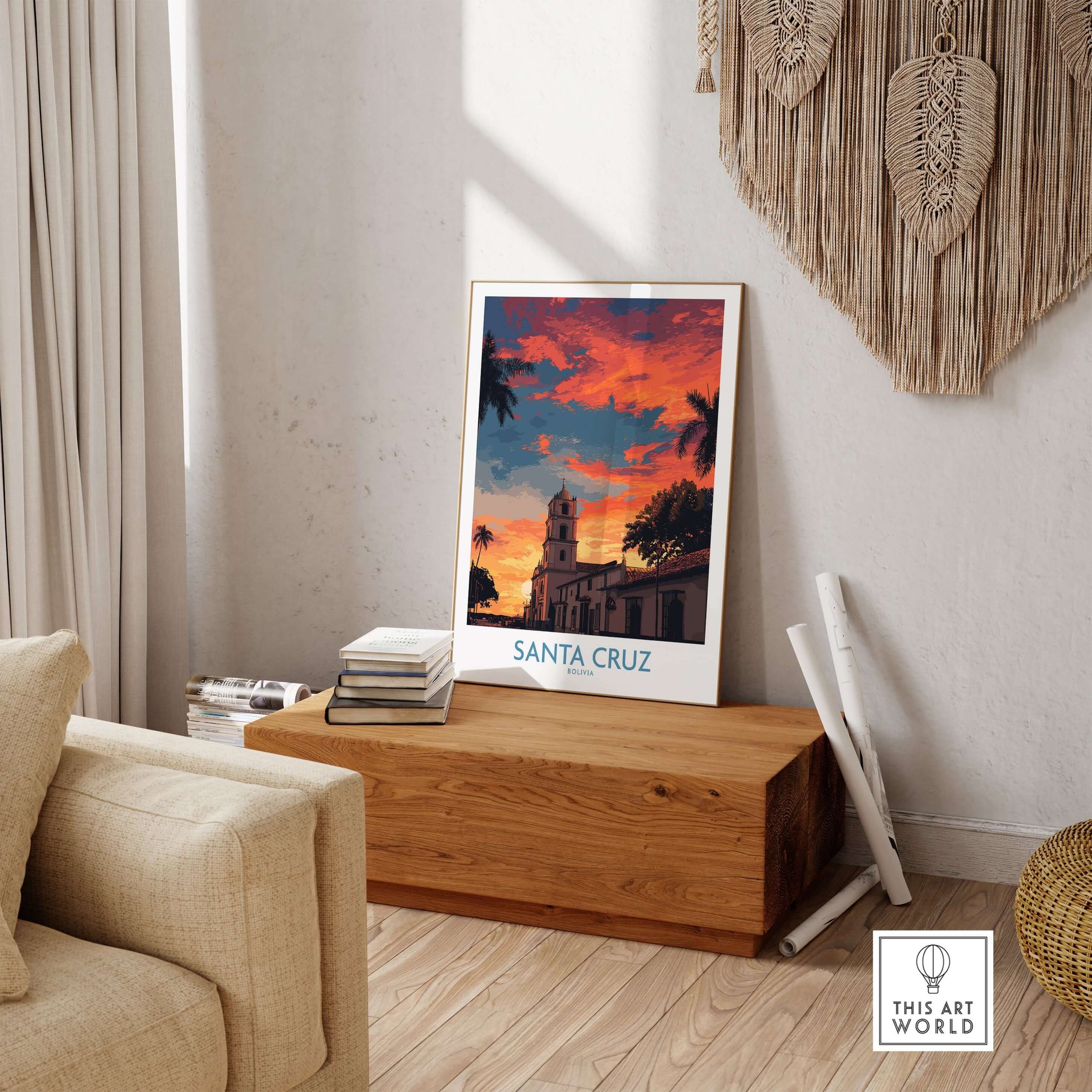 Santa Cruz Bolivia Sunset Art Print | Palm Trees Church Poster displayed in a cozy living room with natural decor.