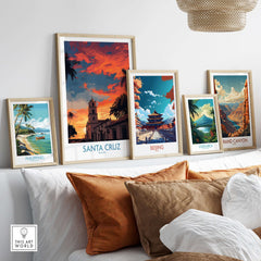 Santa Cruz Bolivia Sunset Art Print | Palm Trees Church Poster collection displayed in stylish frames on a wall.