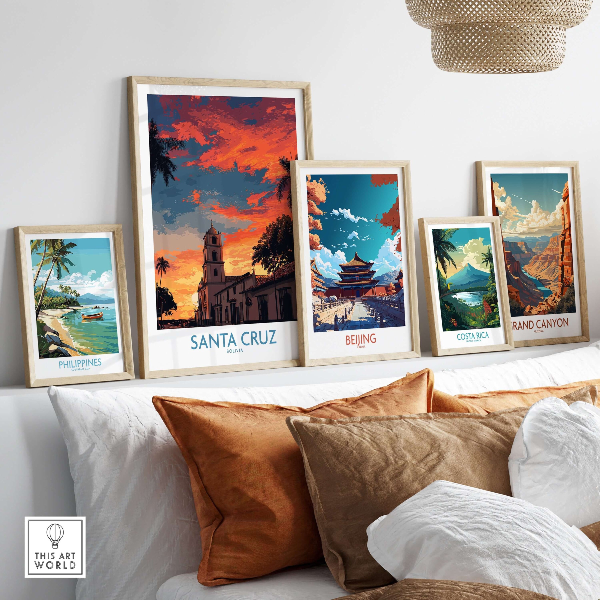 Santa Cruz Bolivia Sunset Art Print | Palm Trees Church Poster collection displayed in stylish frames on a wall.