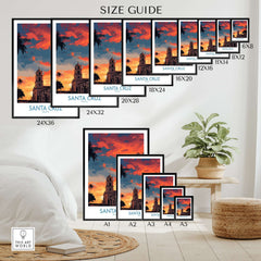 Santa Cruz Bolivia Sunset Art Print | Palm Trees Church Poster size guide showcasing different framing options.
