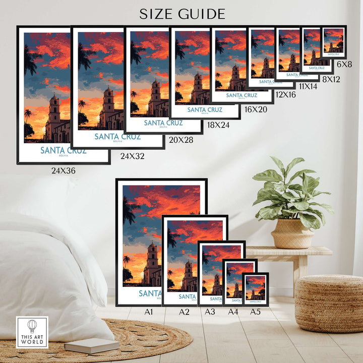 Santa Cruz Bolivia Sunset Art Print | Palm Trees Church Poster size guide with framed art options in a stylish room.