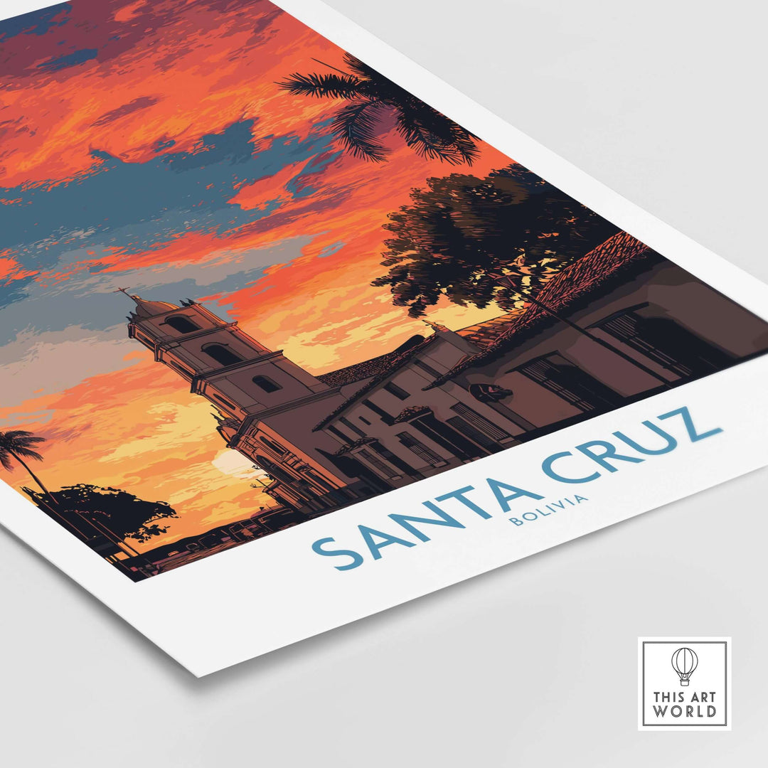 Santa Cruz Bolivia Sunset Art Print | Palm Trees Church Poster showcasing vibrant sunset and church silhouette.