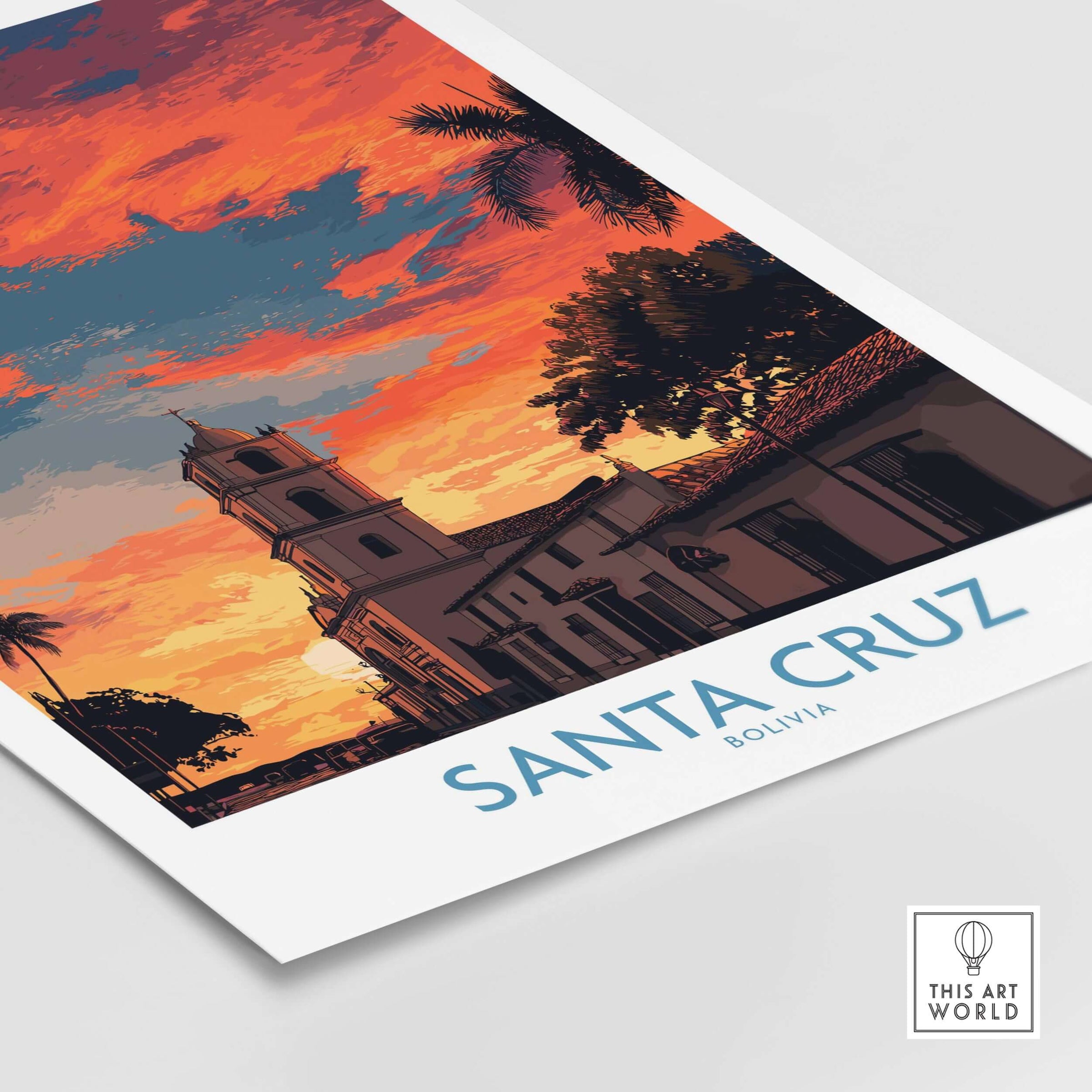 Santa Cruz Bolivia Sunset Art Print | Palm Trees Church Poster featuring vibrant sunset and iconic church silhouette.