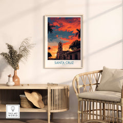 Santa Cruz Bolivia Sunset Art Print | Palm Trees Church Poster displayed in a cozy living space with warm sunset colors.