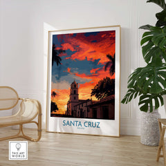 Santa Cruz Bolivia Sunset Art Print | Palm Trees Church Poster in a stylish interior setting with vibrant sunset colors.