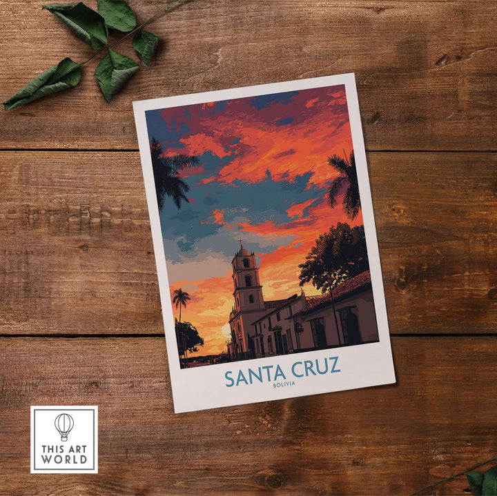 Santa Cruz Bolivia Sunset Art Print | Palm Trees Church Poster featuring vibrant sunset over church and palm trees.
