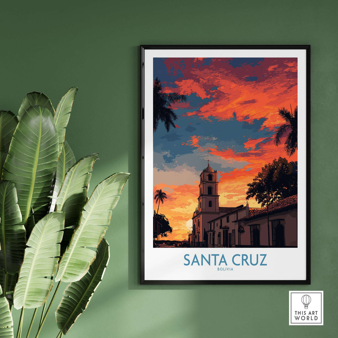 Santa Cruz Bolivia Sunset Art Print | Palm Trees Church Poster featuring a vibrant sunset over Santa Cruz with palm trees.