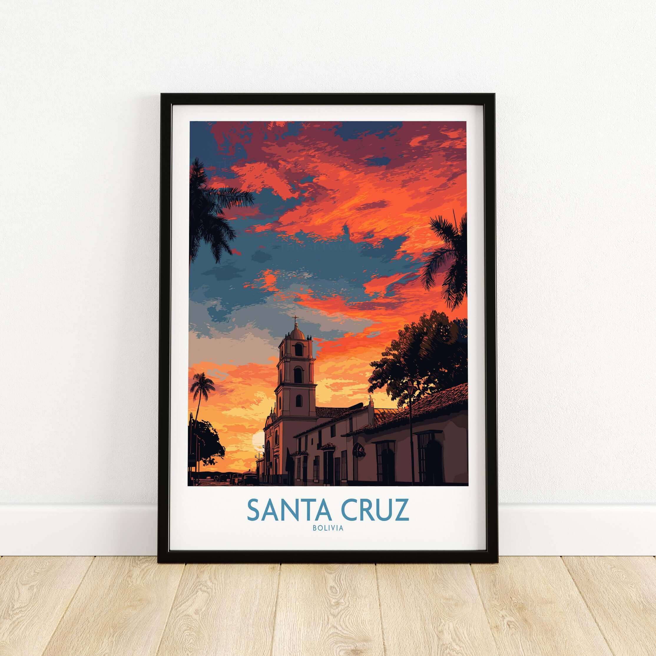 Santa Cruz Bolivia Sunset Art Print | Palm Trees Church Poster showcasing a vibrant sunset with palm trees and a church silhouette.