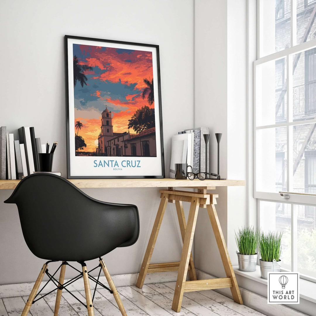 Santa Cruz Bolivia Sunset Art Print | Palm Trees Church Poster displayed in a modern office setting.
