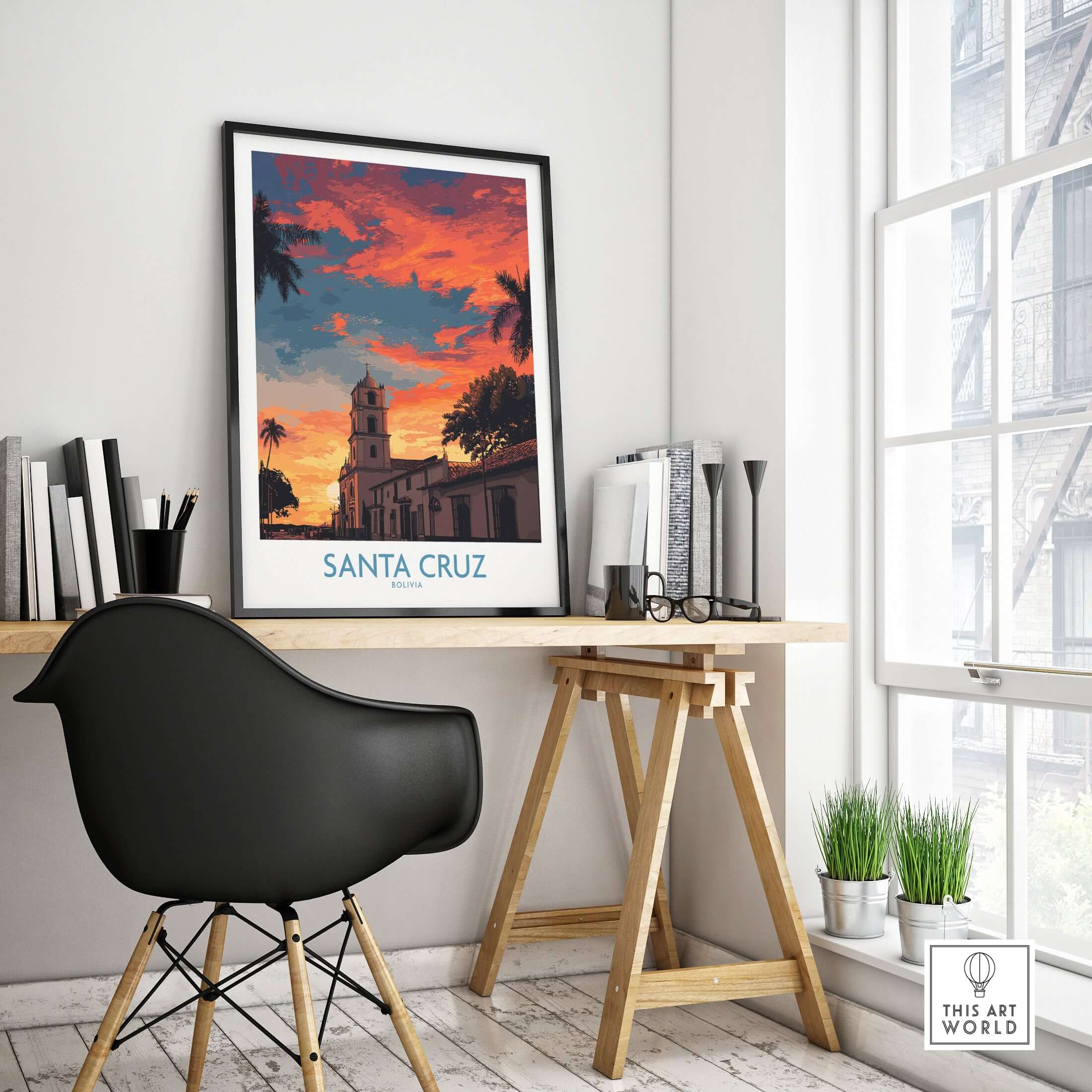 Santa Cruz Bolivia Sunset Art Print | Palm Trees Church Poster displayed in a cozy workspace with modern decor.