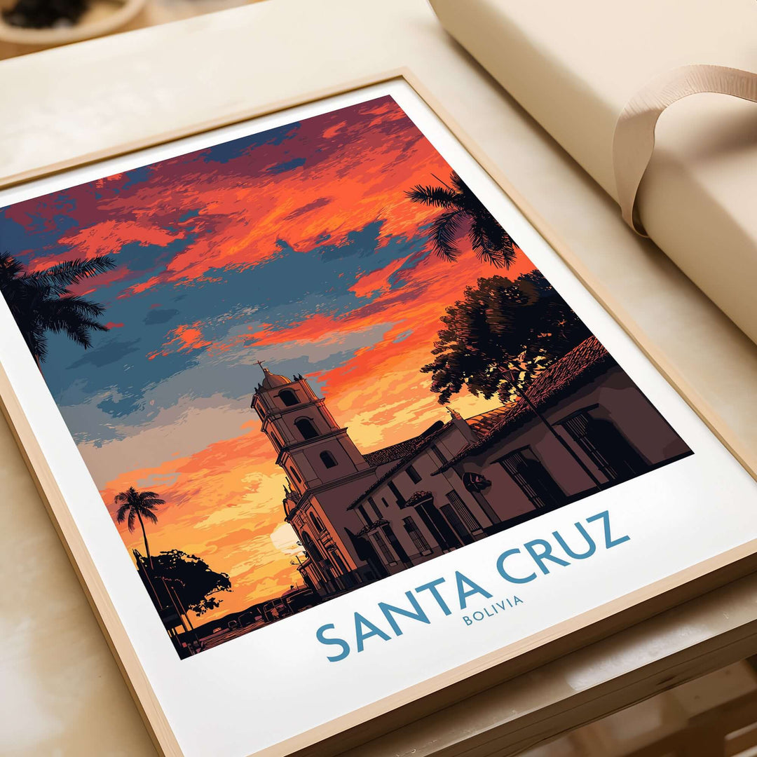 Santa Cruz Bolivia Sunset Art Print | Palm Trees Church Poster showcasing a vibrant sunset with palm trees and a charming church.