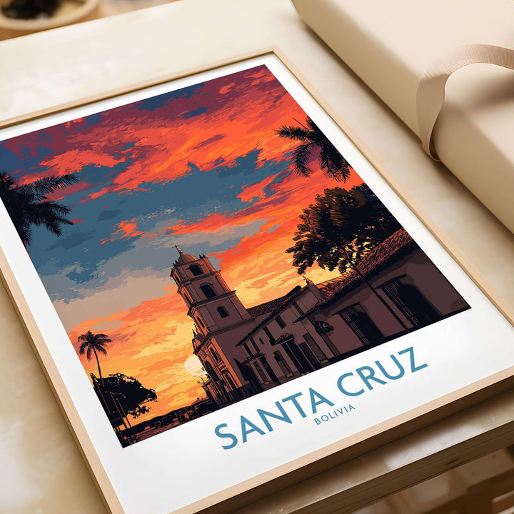 Santa Cruz Bolivia Sunset Art Print | Palm Trees Church Poster showcasing a vibrant sunset with palm trees and a charming church.