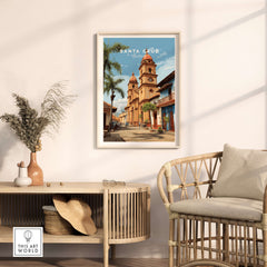 Santa Cruz Poster | Bolivian Travel Wall Art featuring vibrant architecture in a cozy living room setting.