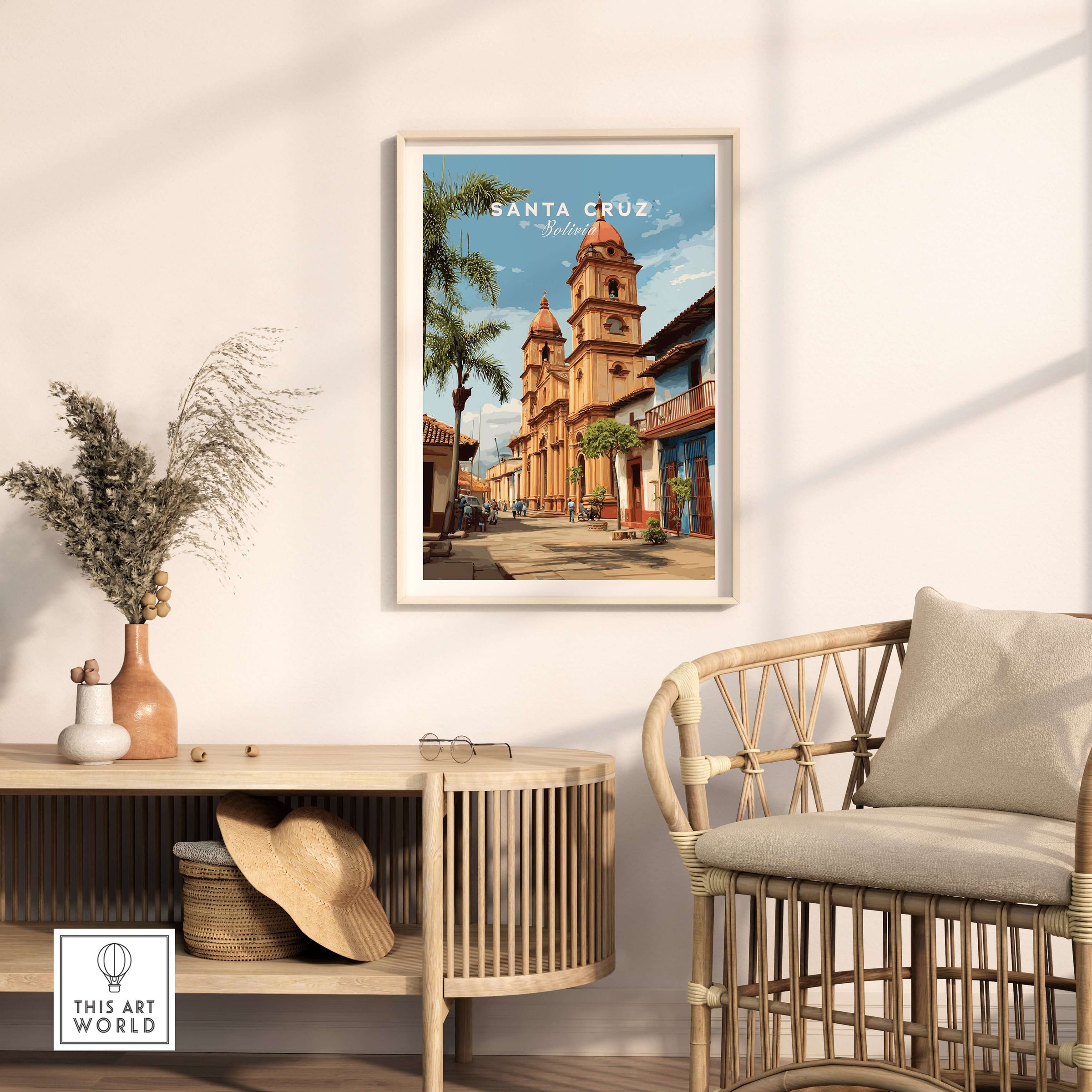 Santa Cruz Poster | Bolivian Travel Wall Art featuring vibrant architecture in a cozy living room setting.