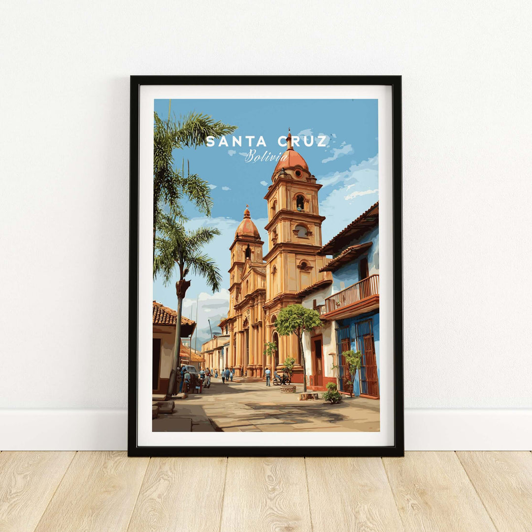 Santa Cruz Poster | Bolivian Travel Wall Art depicting the vibrant architecture and culture of Santa Cruz, Bolivia.