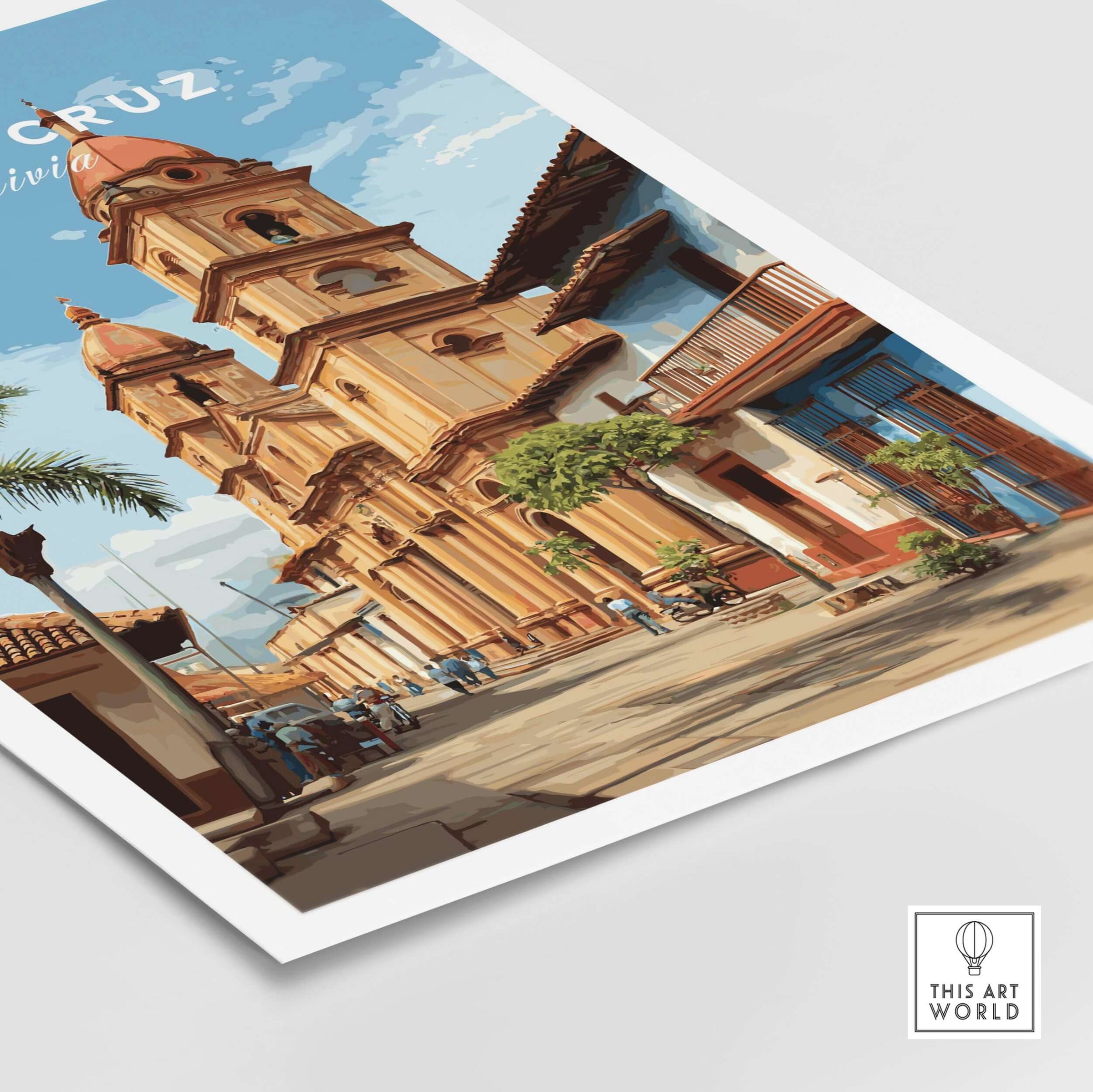 Santa Cruz Poster | Bolivian Travel Wall Art showcasing vibrant architecture and culture of Santa Cruz, Bolivia.