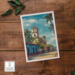 Santa Cruz Print | Bolivian Travel Wall Decor showcasing vibrant architecture and palm trees on a wooden background.