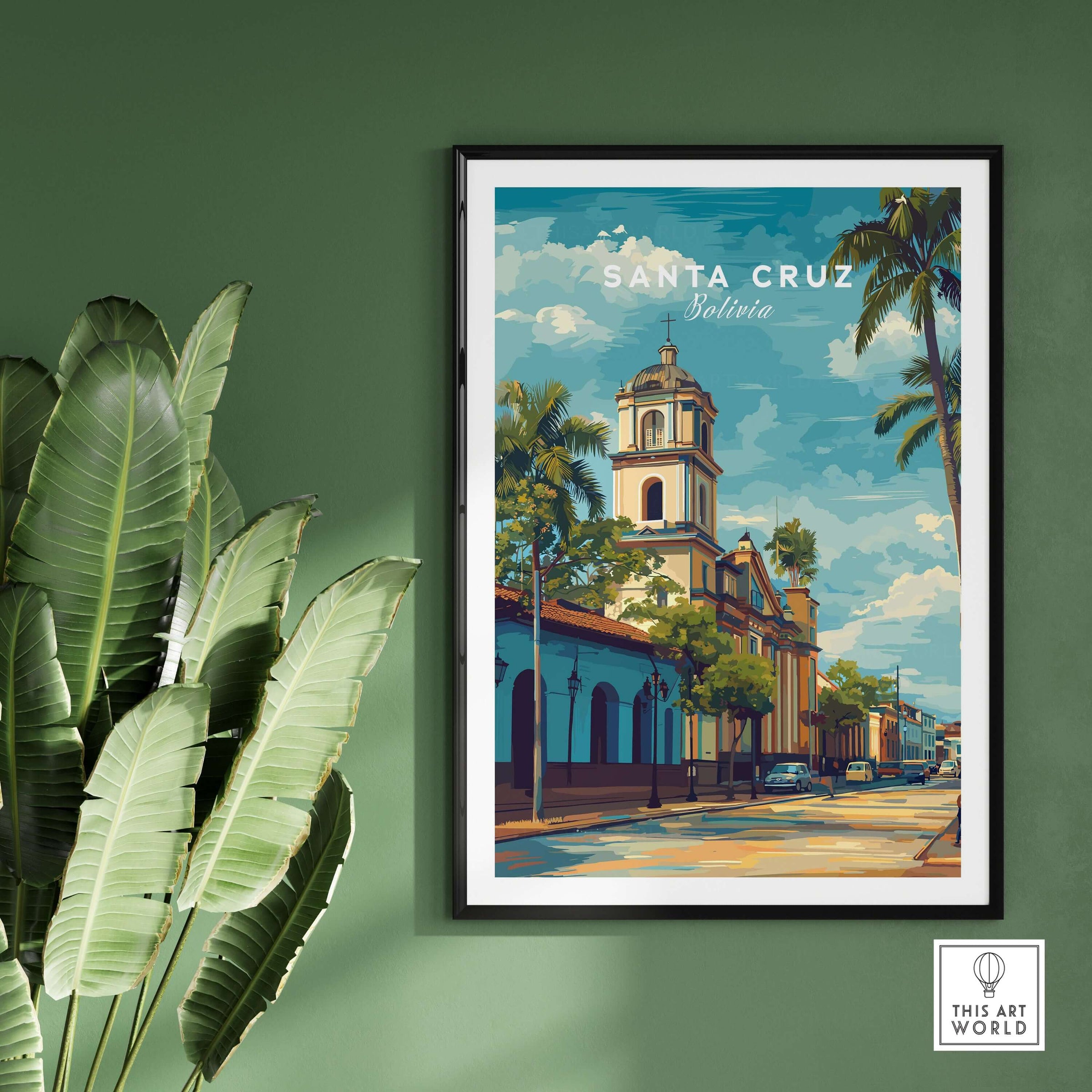 Santa Cruz Print | Bolivian Travel Wall Decor showcasing vibrant architecture and palm trees.