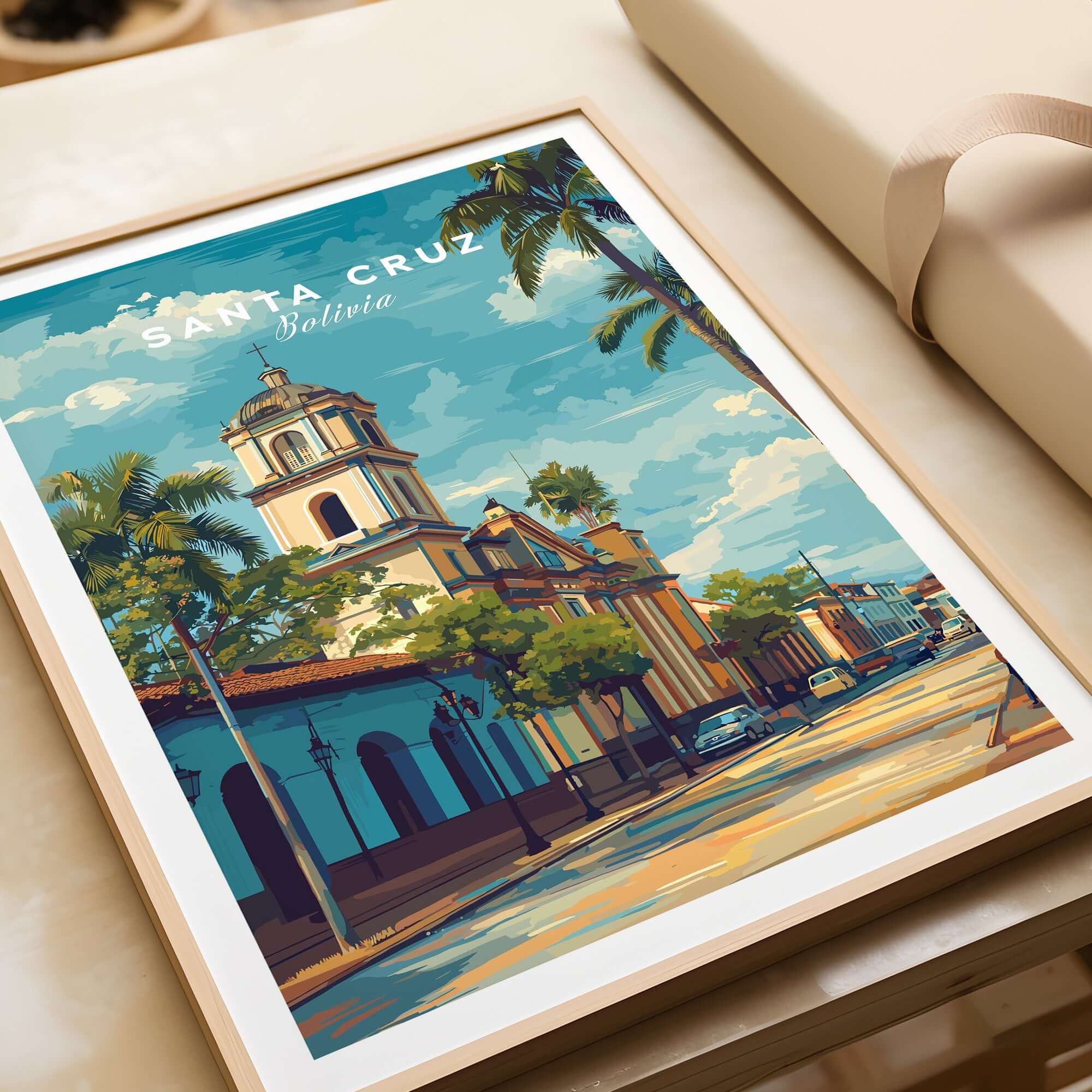 Santa Cruz Print | Bolivian Travel Wall Decor showcasing vibrant architecture and palm trees in Santa Cruz, Bolivia.