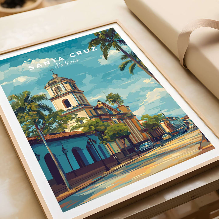Santa Cruz Print | Bolivian Travel Wall Decor featuring vibrant architecture and palm trees in Santa Cruz.
